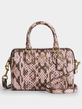 Coach Mini Rowan Crossbody Satchel Bag in Gold/Pink Snake Embossed Leather NWT